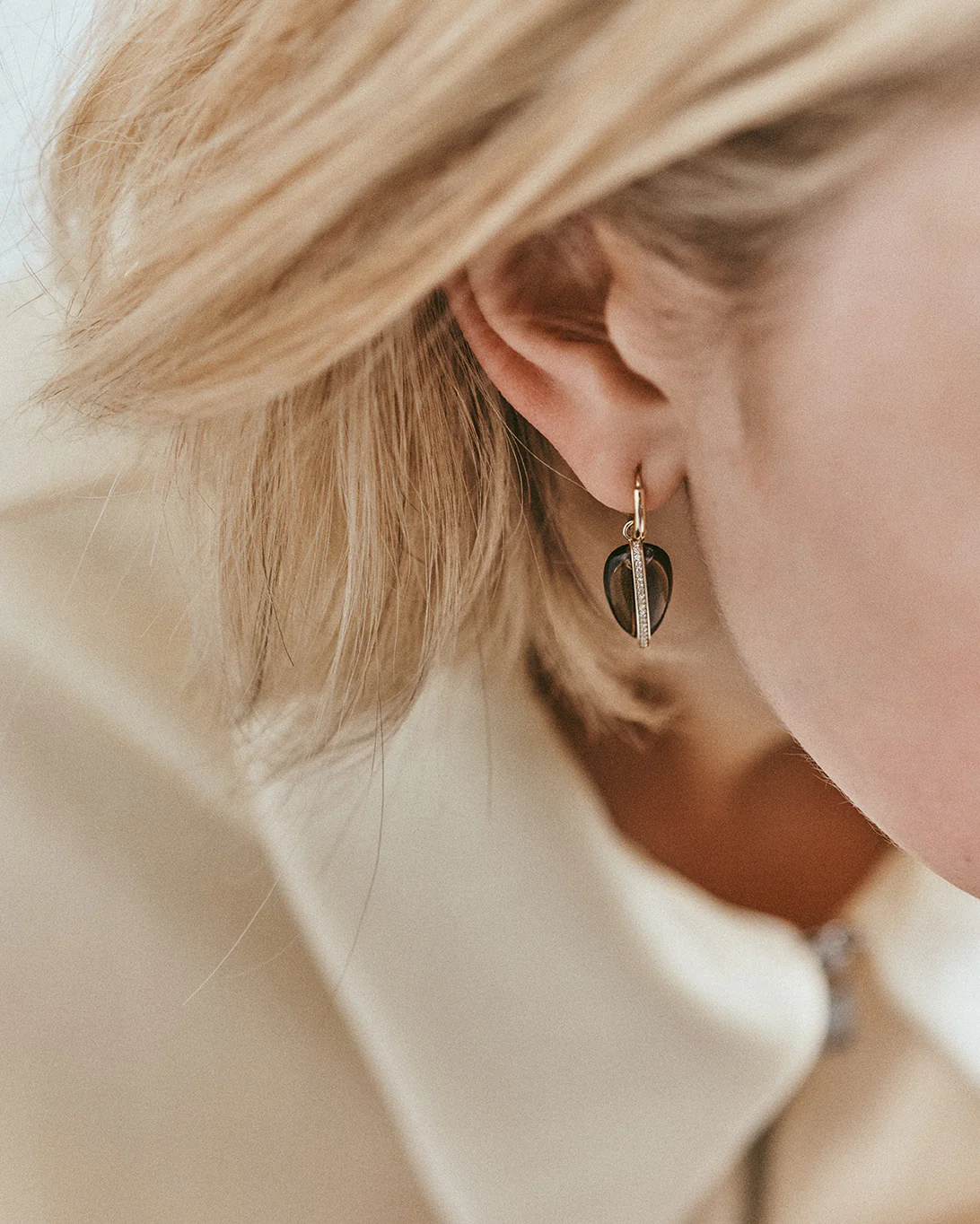 14K Diamond Pebble Earrings in Smokey Quartz - Image 2